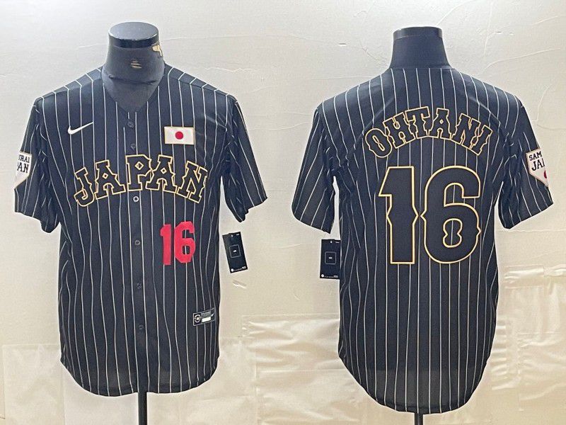 Men 2025 World Cub Japan #16 Ohtani Black Stripe Nike MLB Jersey style 11